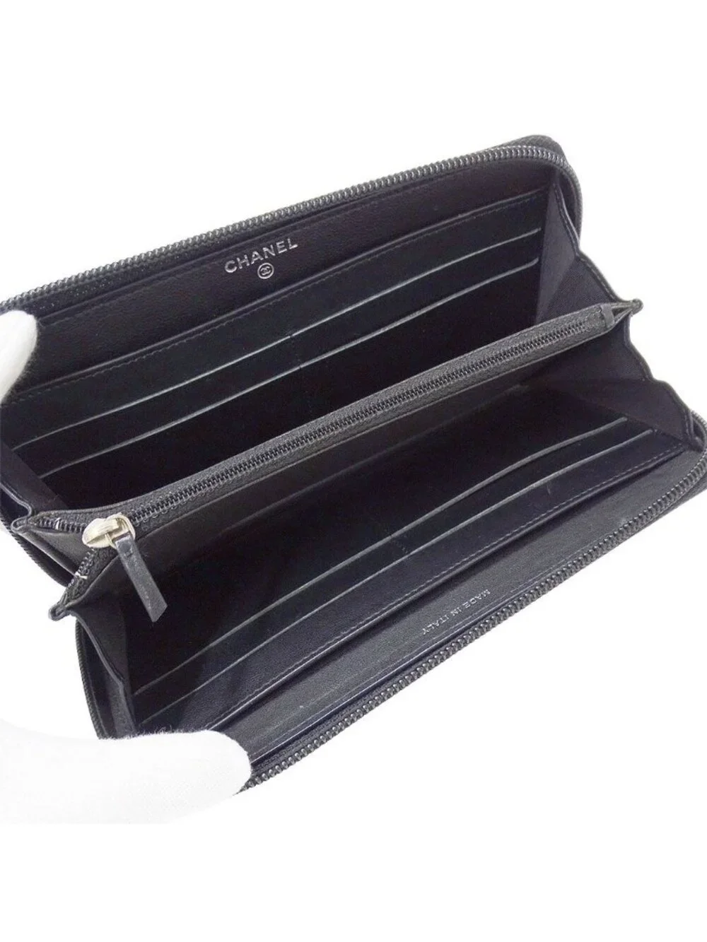 Chanel Wallet Caviar Leather Black Silver Zip Around Logo Adult
